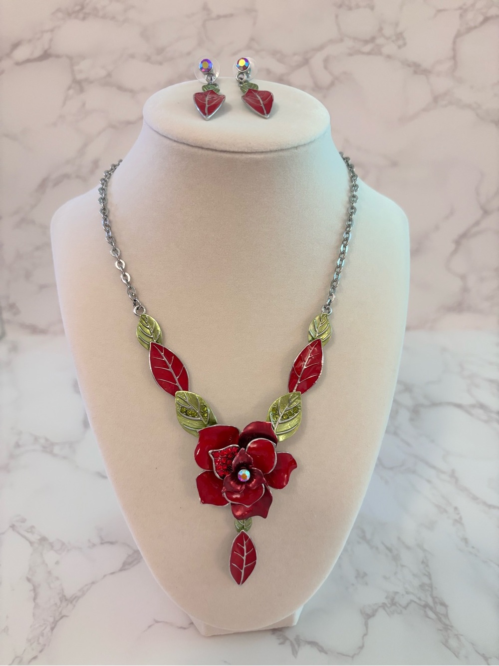 Vintage Style Red Rose Enamel Necklace Earring Set Leaf Crystal Holiday Festive